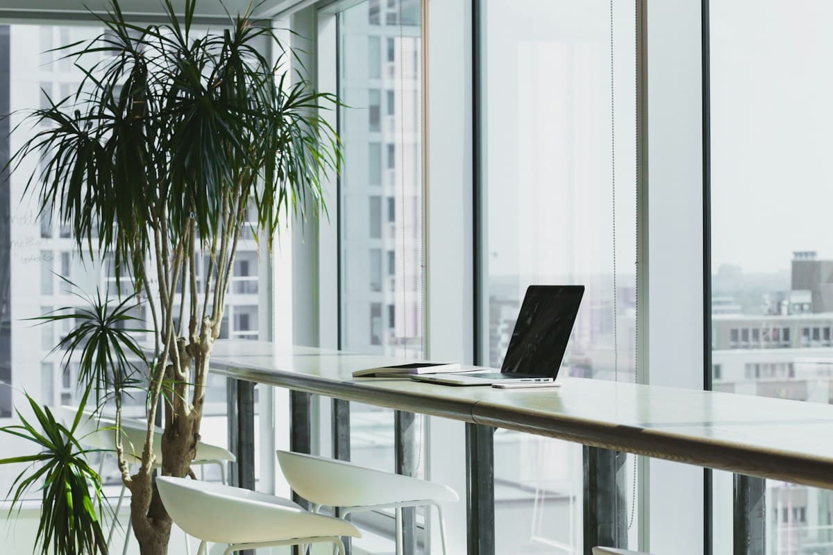 Bright, clean modern office with neat shelves and organized work surfaces
